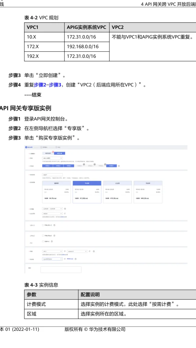 表 4-2 VPC 规划 VPC1 APIG实例系统VPC VPC2 10.X 172.31.0.0/16 不能与VPC1和APIG实例系统VPC重复。 172.X 192.168.0.0/16 192.X 172.31.0.0/16 步骤3 单击“立即创建”。 步骤4 重复步骤2~步骤3，创建“VPC2（后端应用所在VPC）”。 ----结束 购买 API 网关专享版实例 步骤1 登录API网关控制台。 步骤2 在左侧导航栏选择“专享版”。 步骤3 单击“购买专享版实例”。最佳实践 4 API 网关跨 V