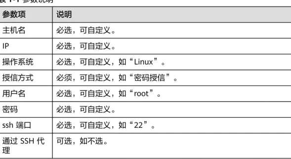 表 1-1 参数说明 参数项 说明 主机名 必选，可自定义。 IP 必选，可自定义。 操作系统 必选，可自定义，如“Linux”。 授信方式 必须，可自定义，如“密码授信”。 用户名 必选，可自定义，如“root”。 密码 必选，可自定义。 ssh 端口 必选，可自定义，如“22”。 通过 SSH 代 理 可选，如不选。 步骤4 主机参数设置完成后，单击“添加”,添加完成的主机展示在主机信息列表，确保主机 授信成功，如下图所示。 ----结束 1.6 创建部署任务 背景说明 将Web应用部署在Tomcat上