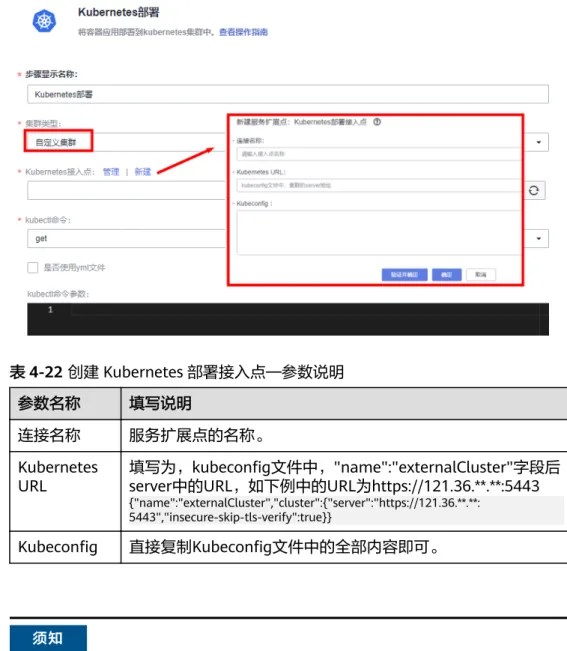 表 4-22 创建 Kubernetes 部署接入点—参数说明 参数名称 填写说明 连接名称 服务扩展点的名称。 Kubernetes URL 填写为，kubeconfig文件中，"name":"externalCluster"字段后server中的URL，如下例中的URL为https://121.36.**.**:5443 {"name":"externalCluster","cluster":{"server"