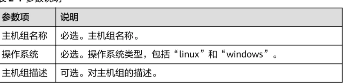 表 2-1 参数说明 参数项 说明 主机组名称 必选。主机组名称。 操作系统 必选。操作系统类型，包括“linux”和“windows”。 主机组描述 可选。对主机组的描述。 说明 ● 主机组还可以在新建模板任务配置部署步骤页面单击“创建主机组”进行创建。 ● 主机组归属于项目，不论以哪种方式新建，都属于所选择的项目。 步骤4 设置完基本信息，单击“保存”。 主机组创建成功后跳转到“主机信息”页面，可以根据需要添加主机、修改基本信 息，如下图所示。 图 2-5 主机信息 ----结束    2.3 主机组权
