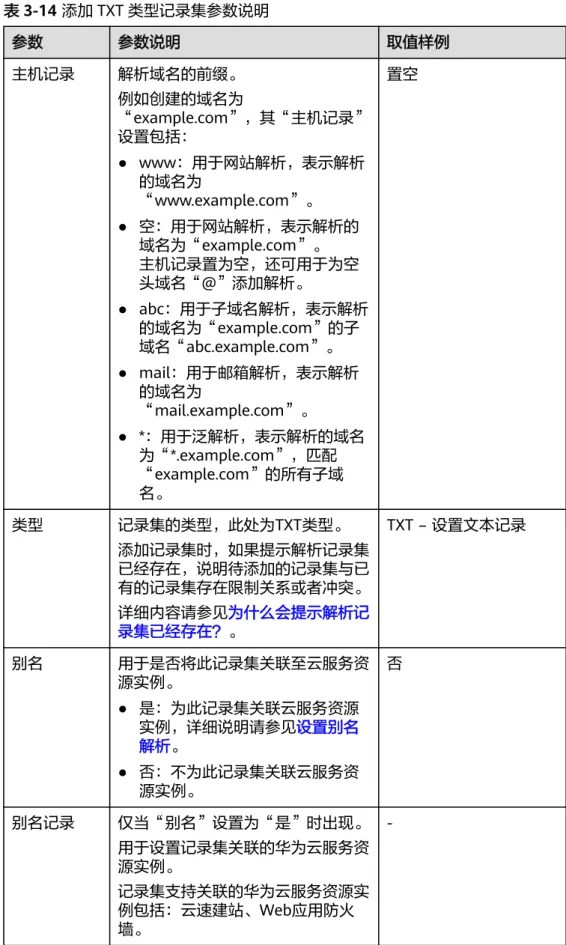 表 3-14 添加 TXT 类型记录集参数说明 参数 参数说明 取值样例 主机记录 解析域名的前缀。 例如创建的域名为 “example.com”，其“主机记录” 设置包括： ● www：用于网站解析，表示解析 的域名为 “www.example.com”。 ● 空：用于网站解析，表示解析的 域名为“example.com”。 主机记录置为空，还可用于为空 头域名“@”添加解析。 ● abc：用于子域名解析，表示解析 的域名为“example.com”的子 域名“abc.example.com”。 ● ma