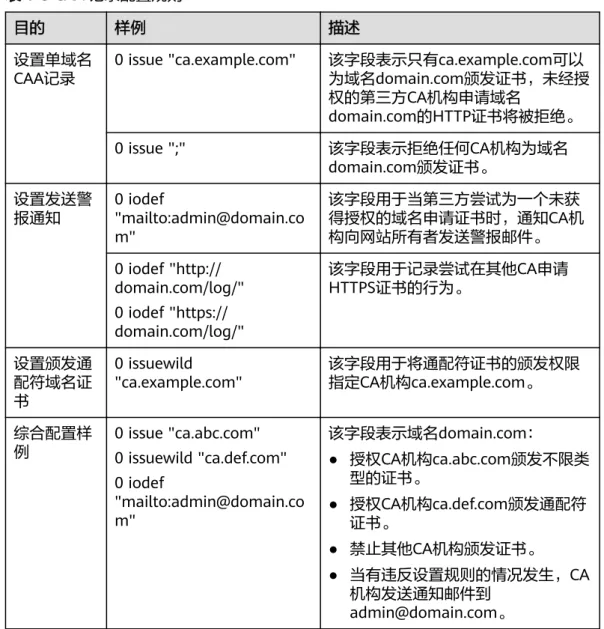 表 1-3 CAA 记录配置规则