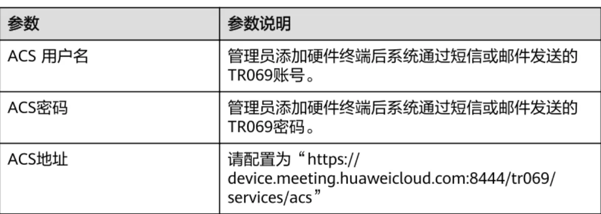 表 5-9 参数说明 参数 参数说明 ACS 用户名 管理员添加硬件终端后系统通过短信或邮件发送的 TR069账号。 ACS密码 管理员添加硬件终端后系统通过短信或邮件发送的 TR069密码。 ACS地址 请配置为“https:// device.meeting.huaweicloud.com:8444/tr069/ services/acs” 步骤4 选择“维护 > 系统状态”，查看系统状态是否正常。如果ACS为已连接，SIP为成功注 册SIP服务，则激活已成功。 ----结束