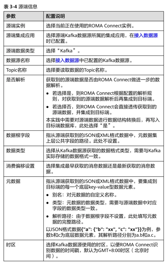 表 3-4 源端信息 参数 配置说明 源端实例 选择当前正在使用的ROMA Connect实例。 源端集成应用 选择源端Kafka数据源所属的集成应用，在接入数据源 时已配置。 源端数据类型 选择“Kafka”。 数据源名称 选择接入数据源中已配置的Kafka数据源。 Topic名称 选择要读取数据的Topic名称。 是否解析 获取到的源端数据是否由ROMA Connect做进一步的数 据解析。 ● 若选择是，则ROMA Connect根据配置的解析规 则，对获取到的源端数据解析后再集成到目标端。 ● 若选
