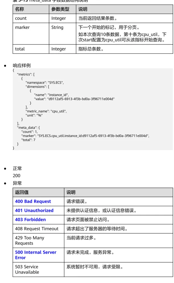 表 5-13 meta_data 字段数据结构说明 名称 参数类型 说明 count Integer 当前返回结果条数。 marker String 下一个开始的标记，用于分页。 如本次查询10条数据，第十条为cpu_util，下 次start配置为cpu_util可从该指标开始查询。 total Integer 指标总条数。 ● 响应样例 {     "metrics": [         {             "namespace": "SYS.ECS&#