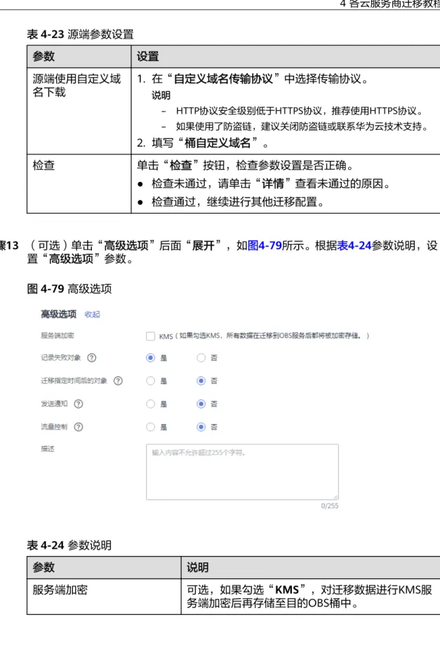 表 4-23 源端参数设置 参数 设置 源端使用自定义域 名下载 1. 在“自定义域名传输协议”中选择传输协议。 说明 – HTTP协议安全级别低于HTTPS协议，推荐使用HTTPS协议。 – 如果使用了防盗链，建议关闭防盗链或联系华为云技术支持。 2