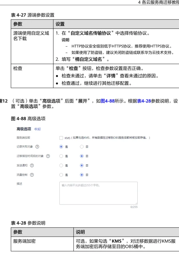 表 4-27 源端参数设置 参数 设置 源端使用自定义域 名下载 1. 在“自定义域名传输协议”中选择传输协议。 说明 – HTTP协议安全级别低于HTTPS协议，推荐使用HTTPS协议。 – 如果使用了防盗链，建议关闭防盗链或联系华为云技术支持。 2
