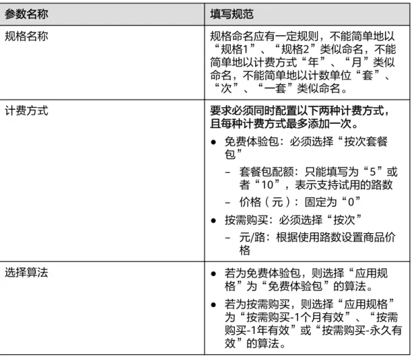 表 1-7 商品规格 参数名称 填写规范 规格名称 规格命名应有一定规则，不能简单地以 “规格1”、“规格2”类似命名，不能 简单地以计费方式“年”、“月”类似 命名，不能简单地以计数单位“套”、 “次”、“一套”类似命名。 计费方式 要求必须同时配置以下两种计费方式， 且每种计费方式最多添加一次。 ● 免费体验包：必须选择“按次套餐 包” – 套餐包配额：只能填写为“5”或 者“10”，表示支持试用的路数 – 价格（元）：固定为“0” ● 按需购买：必须选择“按次” – 元/路：根据使用路数设置商品价 格