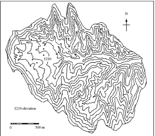 Figure 1. Spatial distribution of sampling sites ( ) in 1998 at the Da Nangou catchment with the contour interval of 25 m.