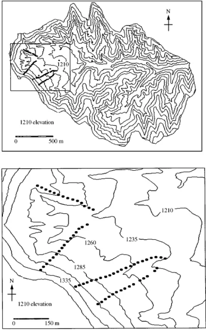 Figure 2. Spatial distribution of sampling sites ( ) in 1999 at the Da Nangou catchment with the contour interval of 25 m.
