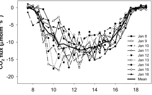 Fig. 3. Variations in half an hour records of CO 2 fluxes during daytime on 8–16 January and their mean values with the dashed line.