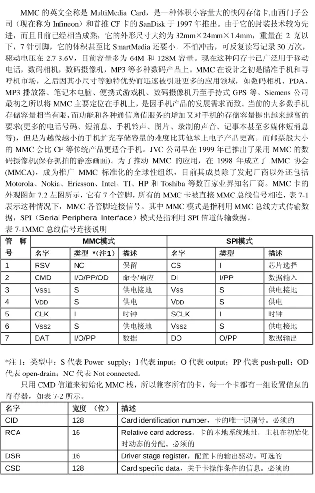 表 7-1MMC 总线信号连接说明  MMC模式  SPI模式 管 脚 号  名字  类型  *（注1）  描述  名字  类型    描述  1  RSV  NC  保留  CS  I  芯片选择  2  CMD  I/O/PP/OD  命令/响应  DI  I/PP  数据输入  3  V SS1  S  供电接地  V SS S  供电接地  4  V DD  S  供电  V DD  S  供电  5  CLK  I  时钟  SCLK  I  时钟  6  V SS2  S  供电接地  V SS