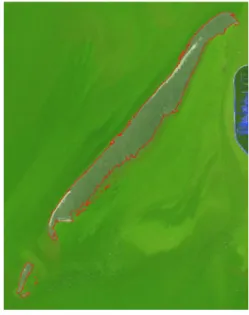 圖 9 為套疊前置處理後影像的擷取水線與原 衛星影像。由圖 9 可知，水線與衛星影像中的海陸 交界相當吻合。此結果說明使用的影像處理方法是 適用的擷取外傘頂洲的水線。  圖 9  擷取前置處理後影像的水線與原衛星影像的 套疊  3