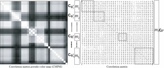 Figure 2. An example illustrates a CMPM with different gray levels and its corresponding correlation matrix  with different correlation coefficients in percentage (White = 100; black = 0) for the class ωk