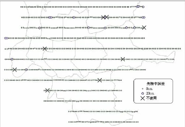 圖 9 GPS 觀測之投影中心套合航空攝影測量空中三角測量平差計算之誤差分佈圖  表 4 GPS 解算之投影中心套合航空攝影測量空中三角測量平差計算之誤差分析表  像片投影中心總個數 (867 個)  第一群  觀測量先驗中誤差：  ± 0.080 m  841  個  (佔 97 % )  後驗中誤差  N 方向  ± 0.068 mE 方向 ± 0.064 m H 方向  ± 0.059 m 第二群  觀測量先驗中誤差：  ± 0.200 m  18  個  (佔 2 % )  後驗中誤差  N 方向 