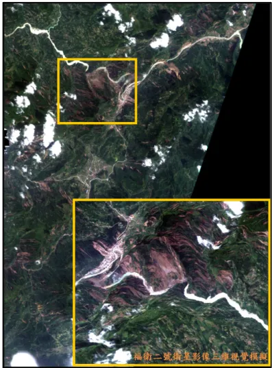 圖 4  由福衛二號影像判釋唐家山堰塞湖天然壩位置，三維視覺模擬方向由北往南 