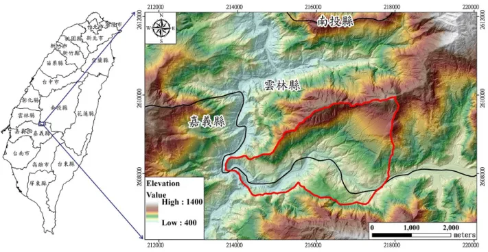 圖 1  研究區域地理位置圖。(紅色範圍為草嶺山崩區) 