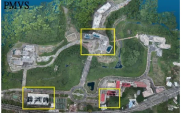 圖  16 PMVS 重建校園點雲圖  圖  17 SGM 重建校園點雲圖  5.  結論  本研究以三維點雲重建為目的，比較以 SGM 和 PMVS 演算法進行 MUAV 影像密匹配處理，探 討重建後三維點雲的特性。  實驗一是使用 MUAV 針對單一棟古蹟建物作 為重建對象，探討三維點雲是否會受到材質、光照、 環境等因素影響。以 SGM 進行處理時，在同一剛 性材質(石灰牆、屋頂磁磚)平面上重建點雲為平整 且不受到陰影影響，但在草地部分所重建出的點雲 散亂和分離的現象；另外在影像前景有部分影像被 樹木遮
