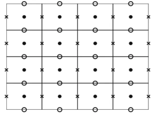 Fig. 3 A schematic diagram of the computational domain Ω with staggered grid, where the unknowns u , v and p are approximated at the grid points marked by cross, open circle and filled circle, respectively