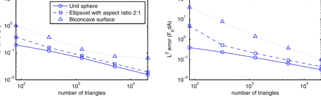 Fig. 5 shows four time evolutionary plots; namely (a) the maximum relative error of the local surface area ( d A t ( X ) − d A 0 ( X ))/ d A 0 ( X )  ∞ , (b) the relative error of the global surface area | A t − A 0 |/ A 0 , (c) the relative error of the