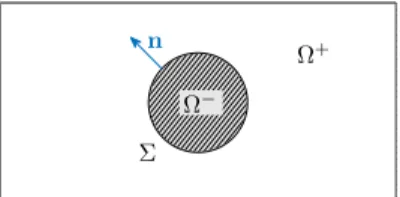 Fig. 1. The computational domain   consists of the physical domain   +  and the  extended domain   − with the embedded interface   
