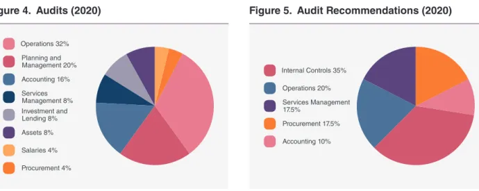 Figure 5.  Audit Recommendations (2020) Operations 32% Internal Controls 35%Figure 4.  Audits (2020)Planning and Management 20% Operations 20%Accounting 16% Services Management  17.5%Services Management 8% Procurement 17.5%Investment and Lending 8% Account