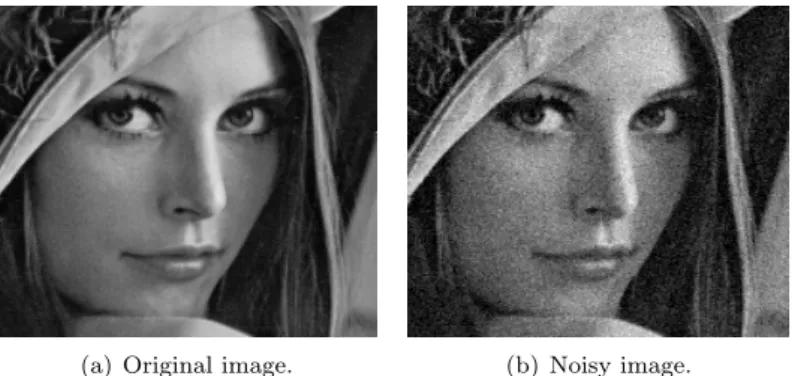 Figure 4.1: The original Lena image d and a noisy version d 0 = d + η, where kηk 2 = σ = 10.9 and SN R ≈ 16.0.