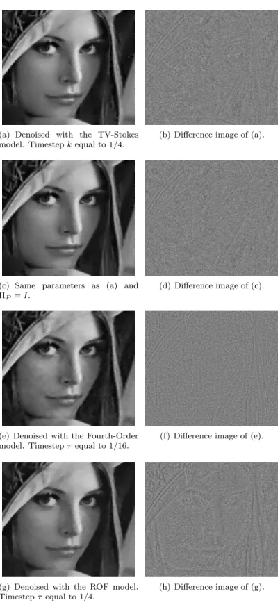 Figure 4.2: Comparison of the Lena image with the following algorithms: the dual TV-Stokes model, the Fourth-Order model and the ROF model