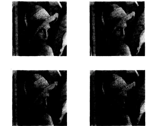 Fig.  3.  The  reconstructed  "Lenna"  using  64,  32,  16,  and  8  predefined  bit  planes  in  to-left,  top-right,  bottom-left,  and  bottom-fight,  respectively