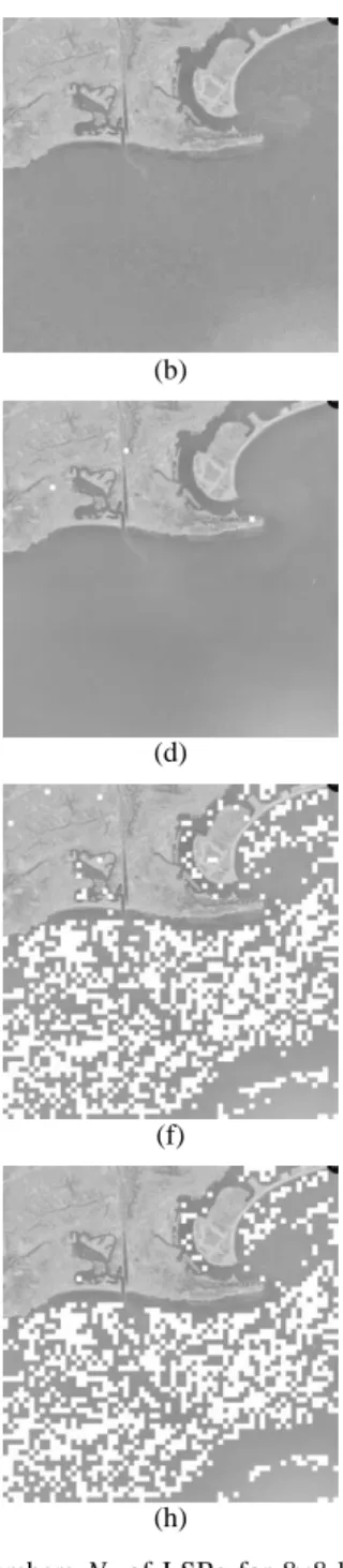 Fig.  6.  Recovery  results  showing  effects  of  using  different  numbers  N L   of  LSBs  for  88  blocks  with  incorrectly-recovered  blocks  marked  as  white  and  error  rate  denoted  by  r