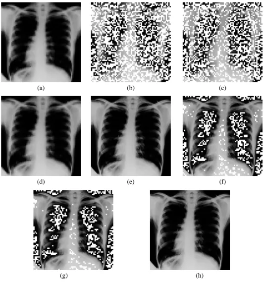 Fig.  1.  Recovery  results  showing  problems  of  [9]  and  [10]  with  block  size  88,  incorrectly-recovered blocks marked as white, and error rate denoted by r