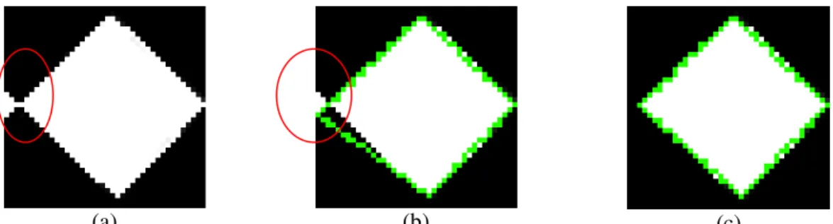 Fig. 7 Region detection. (a) A tile region map with erroneous points at the left; (b) a detected tile  boundary with an erroneous apex at the left; (c) a detected tile boundary with accurate apexes