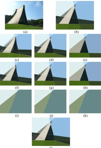 Fig. 7: Experimental results. (a) A source image with size  1024×768. (b) Initial D min  = 102 and initial L min  = 102