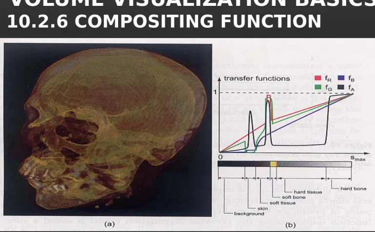 Fig 10.8. (a) Volume rendering of head dataset. (b) The transfer function used  emphasizes soft tissue, soft bone, and hard bone.