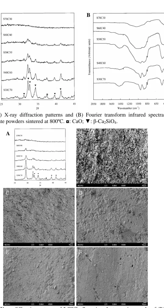 Figure 3 (A) X-ray diffraction patterns and (B) Fourier transform infrared spectra of 5 calcium silicate powders sintered at 800ºC