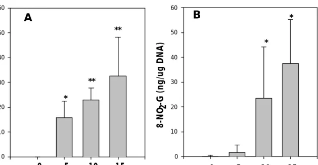 Fig 9. Levels of 8-OH-dG (A) and 8-NO 2 -G (B) in the DNA of normal and  cigarette smoking rats lung tissues as measured by HPLC-ECD
