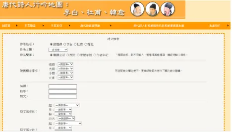 圖 1  「唐代詩人行吟地圖：李白、杜甫、韓愈」詩文檢索首頁。圖片 取自 http://cls.hs.yzu.edu.tw/TWSLDH/TWSLDH_Srchmain.aspx。 國科會數位典藏國家型科技計畫版權所有（NSC100-2631-H-155-002）。  然而，語義分析無法大量、大規模進行，分析方式與類目用語也是一大難題，規 劃者與讀者的認知不容易有絕對共識。那麼，統計量化還是有不完全的問題。就是不 牽涉特定用語的全文語法分析，還是可能出現爭議。知名的《紅樓夢》後四十回作者 之爭，先後有以電腦