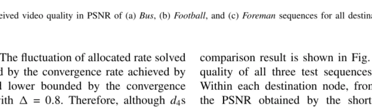 Fig. 12. Comparison of received video quality in PSNR of (a) Bus, (b) Football, and (c) Foreman sequences for all destination nodes.