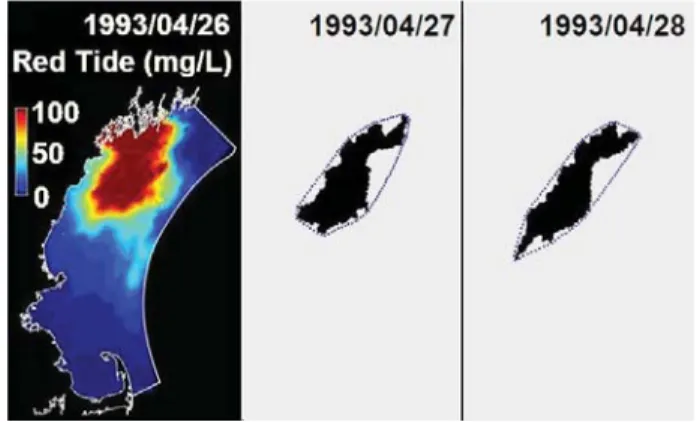 Fig. 7. (a) Red tide data on 1993/04/26. (b)on snapshot of mobile sensors 1993/04/27. (c) on snapshot of mobile sensors 1993/04/28.