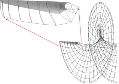 Figure 4. Single rotor blade showing airfoil sections, separated “thick” wake, and helical thin wake,  with “trailing edge” highlighted at root and tip