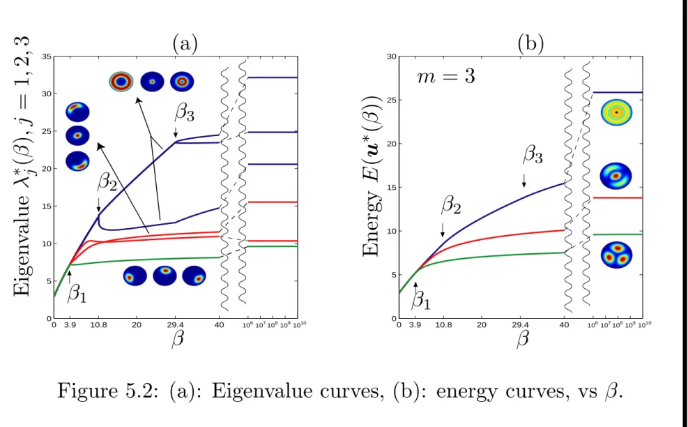 Figure 5.2: (a): Eigenvalue curves, (b): energy curves, vs β.