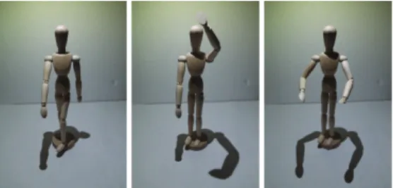 Figure 1: Shadow cast by varying manikin postures under an LED light (CREE XM-L). In this scaled-down table-top testbed, the manikin is 33 cm in height, and the LED light is 22 cm above the manikin.