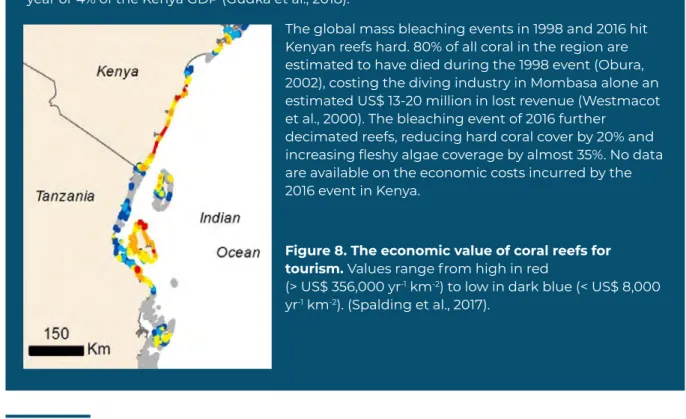 Figure 8. The economic value of coral reefs for  tourism. Values range from high in red 