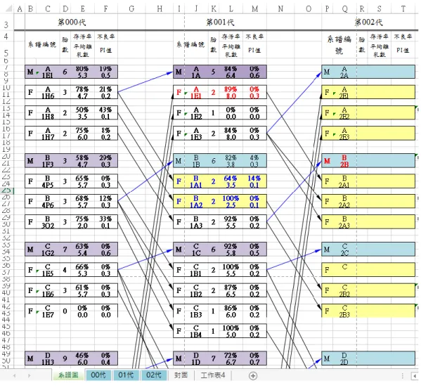 圖 3.3.4-3  以 Excel 軟體製作之血統系譜圖摺頁並超連結血統系譜登錄資料範 例。 