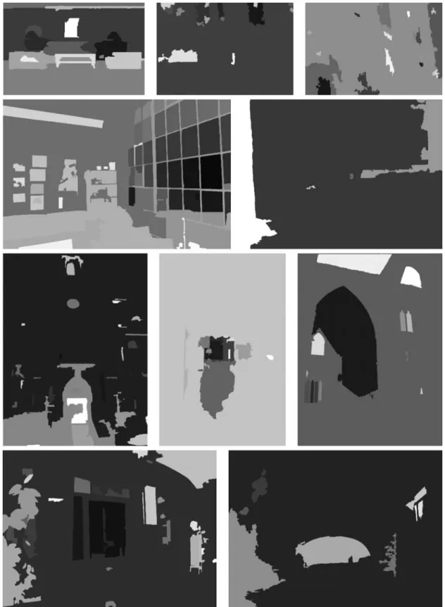 Figure 12. Sparse decompositions. From left to right and top to bottom (with the number of derived regions): chairs (14), groveC (17), groveD (18), office (68), Tahoe (5), clock (34), designCenter (13), Tintern (14), Belgium (32), and synagogue (9).