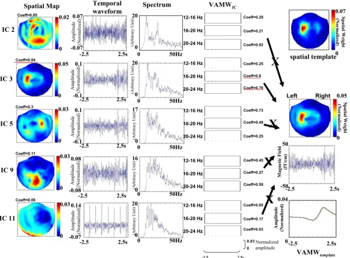 Figure 3. Examples of IC-selection and signal reconstruction procedure.  (a)  0.05 00.0500.03 0 0.03 0 0.03 0 -2.5                   2.5s-2.5                   2.5s -2.5                    2.5s-2.5                    2.5s -2.5                    2.5s -2.5 