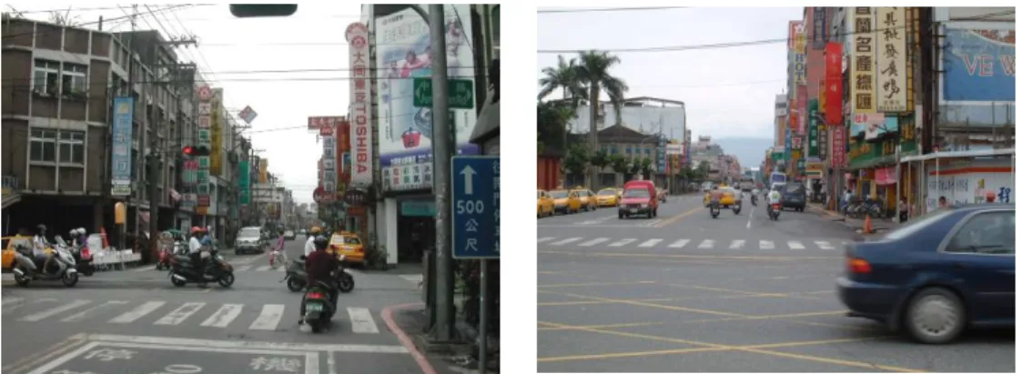 圖 4-3 缺乏人本運輸理念的舊市區道路(本研究整理)  5、運輸需求量季節淡旺季差異大  依宜蘭縣委託顧問公司所完成「宜蘭縣北宜高速公路及聯絡道開闢 後交通、停車及大眾運輸因應對策規劃案」分析，宜蘭地區之運輸需求 特性為平常日與假日之需求量差異大且型態不同，詳表 4-1。尤其大型活 動期間，局部地區運輸需求驟增，由於觀光為本縣產業發展之重要方向， 而大型活動之舉辦尤能為觀光產業注入活力，因此所提供的道路系統不 應使旅客花過多的時間在運輸時間上故本縣之道路系統除應滿足常態性 之需求外，因應大型活動亦應建立道