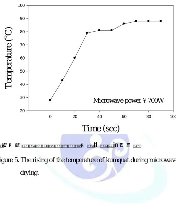 Figure 5. The rising of the temperature of kumquat during microwave  drying.