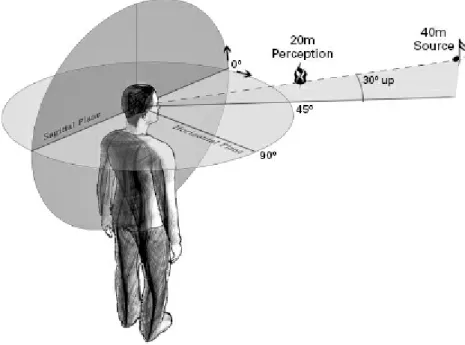 Figure 4.2 The spatial location where Sean Day sees his photisms: about thirty degrees up from the horizontal plane, and thirty degrees lateral to the sagittal plane