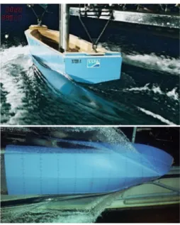 Fig. 14 A scale model being tested in the towing tank of SSPA in Gothenburg. The purpose of this study was to estimate the wetted area of the hull at different speeds.